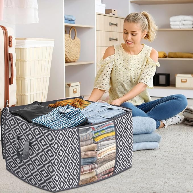Direct 100L, 4 Pack, Storage Containers, Large Clothes Storage Bins Foldable Organization and Storage Bags with Reinforced Handle, Clear Window for Bedding, Blankets, Clothing, Grey