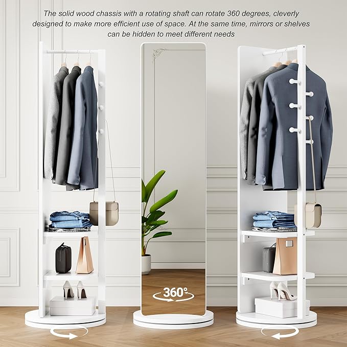 CHANCEE 360° Rotating Full-Length Mirror with Storage, 69"x16" Solid Wood Freestanding Coat Rack with Hooks, Space-Saving for Bedroom, Living Room, Cloakroom (White)