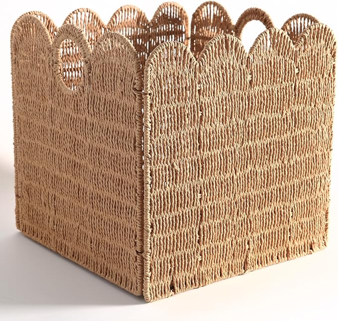 Scalloped Wicker Storage Cubes Basket, 12”x12“ Heavy Duty Paper rope/Hyacinth/Seagrass Baskets for Shelves, Foldable Natural Boho Square Bins (Paper Rope, 12 x 12 x 12in, 4-Pack)