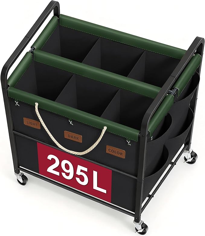 Tajsoon 295L Extra Large Laundry Sorter 6 Section, Heavy Duty Laundry Basket with Lockable Wheels, Laundry Cart with Sturdy Metal Frame, Leather Patchwork Laundry Separated with Removable Bags, Black
