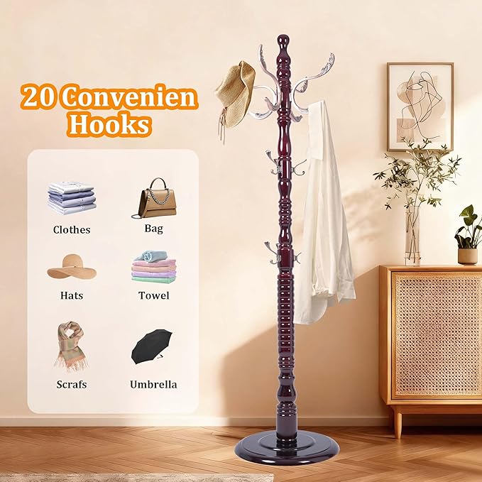 Wooden Coat Rack Freestanding with Metal Hooks, Coat Hanger Stand Coat Tree with Adjustable Height 47’’-72.8’’, Modern Coat Rack for Entrance, Office, Living Room, Bedroom, Corridor