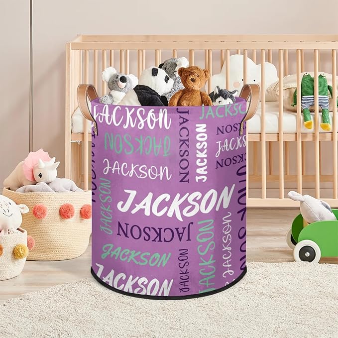 Custom Name Large Laundry-Basket for Kids-Boys-Girls, Personalized Foldable Waterproof Laundry Hamper Dirty Clothes Toys Storage Bin with Handles,Purple
