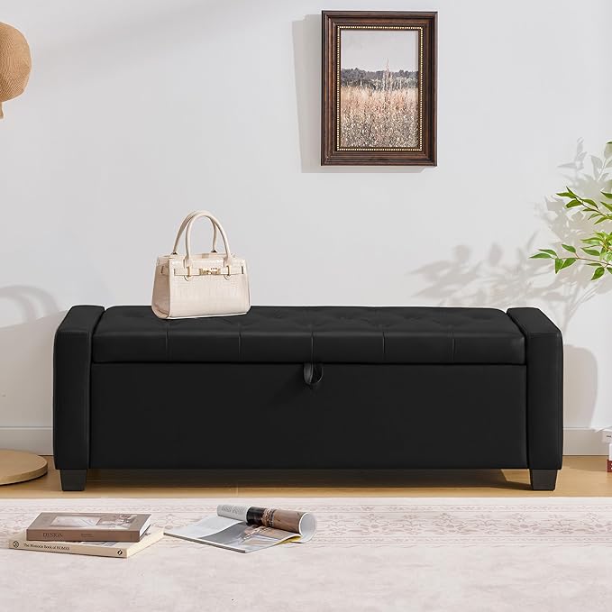 48" Ottoman with Storage, Storage Ottoman Bench with Safety Hinge, Upholstered Entryway Bench with Seating for Bedroom, Living Room, Holds up to 330 lb, Light Black
