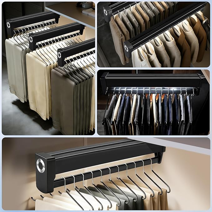 Pull Out Closet Valet Rods with LED Lighting, Adjustable Heavy Duty Steel Clothes Storage Hanger Rail, Sliding Top Mounted Wardrobe Rail with Built-in Lithium Battery for Pants Coats(500mm/19.6inch)
