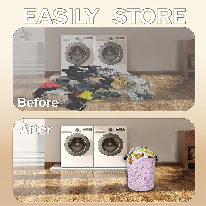 Laundry Hamper,Pink Unicorn Laundry Basket,Dreamy Rainbow Portable Collapsible Laundry Room Organization Storage for Dorm Room,Nursery,Bathroom,Bedroom,16x20 Inch