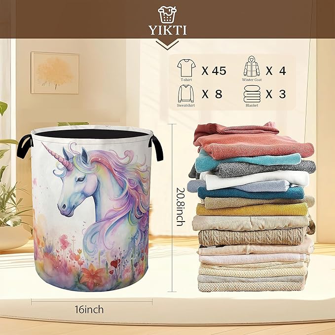Watercolor Unicorn Laundry Hamper,Girls Colorful Flower Clothes Hamper for Laundry,Waterproof Oxford Toy Storage Collapsible Hampers for Bedroom, Dorm Room,Bathroom,16x20 Inch
