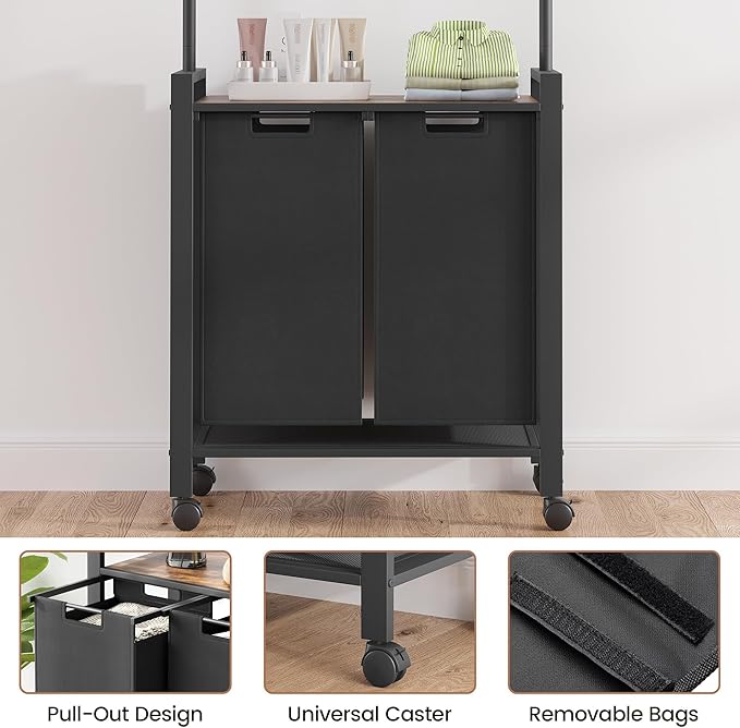2 Laundry Hamper Sorter with Wheel/Lockable, Laundry Room Organization With Shelf, 42" Hanging Rack+12" Extendable Rod, Laundry Basket for Balcony, Cloakroom
