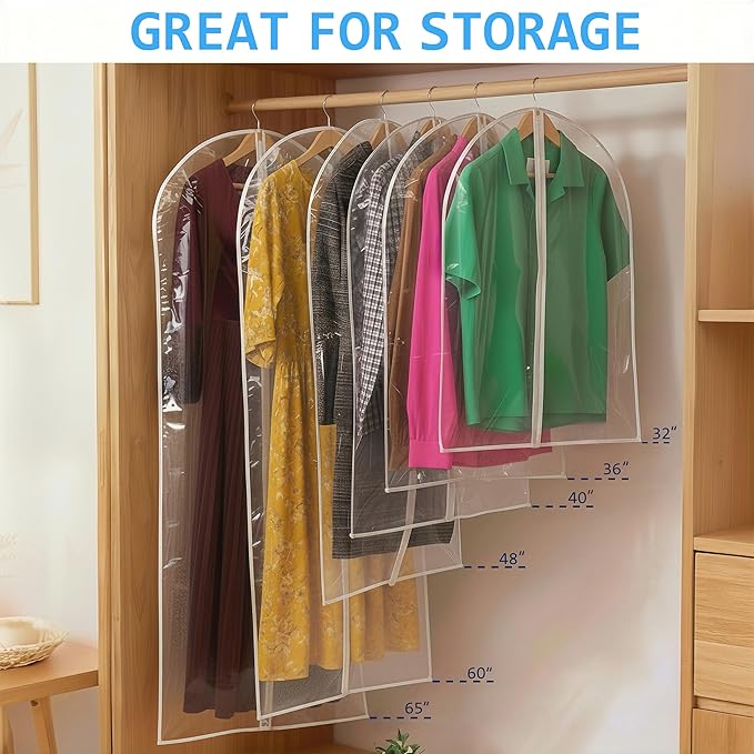 60” All Clear Garment Bags for Travel - PEVA Waterproof Suit Cover with Zipper for Hanging Clothes, long Gowns - Durable Dresser for Closet Storage, Dustproof & Moisture Resistant - 60”/6 Pack