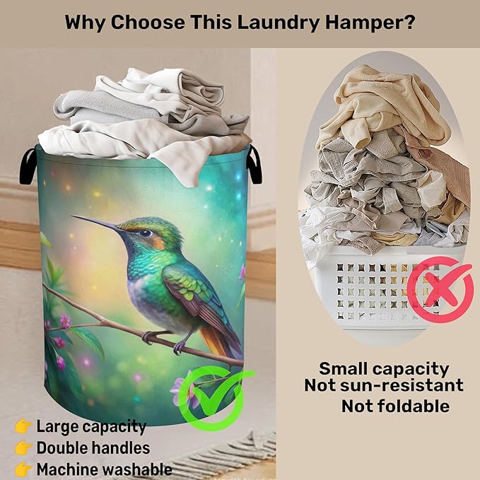 Hummingbird Laundry Basket - Heavy Duty 60L Laundry Hamper, Water Resistant Foldable Dirty Clothes Organizer for Men Women