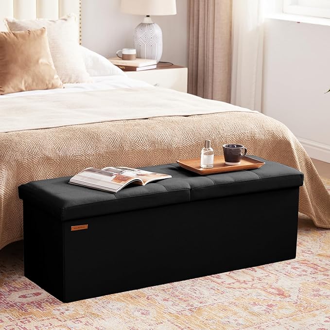 HAUSFRAU Storage Ottoman Bench with Flipping Lid, 43.3 Inches Storage Chest Footsrest, Folding Foot Stool for Entryway, Living Room, Bedroom, Linen Black