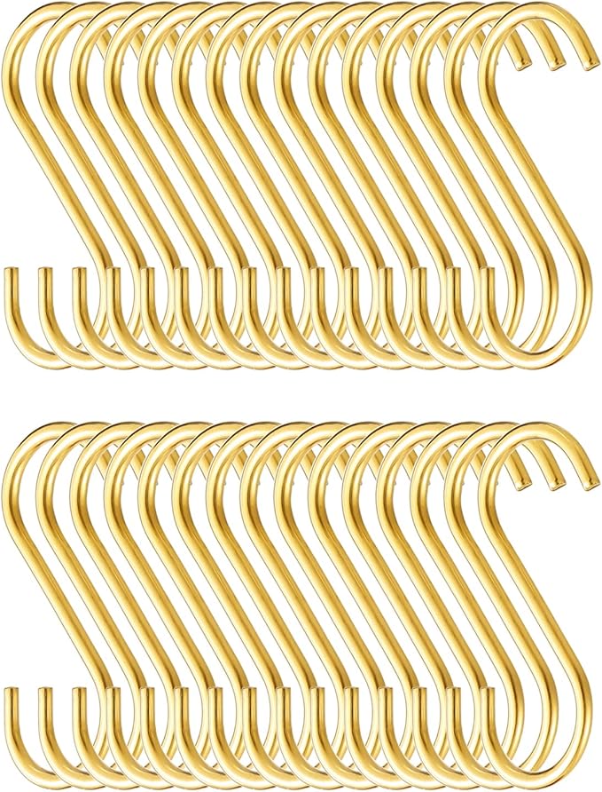 Evanda Gold S Hooks for Hanging Pack of 30, Heavy Duty Stainless Steel Titainium Plating Metal Mutil Purpose Hanger for Kitchen Pans, Pots, Utensils Tooks, Cups, Mugs, Clothes, Bags, Towels, Plants
