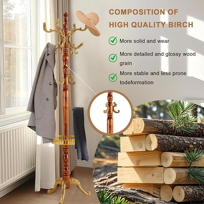 Solid Wood Coat Rack, Free Standing Hall Coat Tree with 14 Hooks, 3 Height Options, 300lbs Load, Stury Base, Clothes Rack for Entryway, Hallway, Bedroom (Tri-legged Base - H12 Begonia)