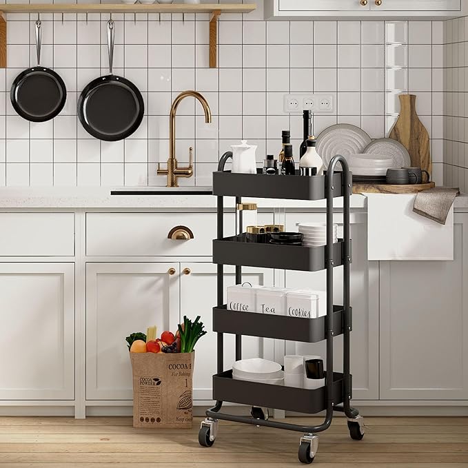 Metal 4-Tier Rolling Cart with Handle,Multifunction 4-Tier Rolling Cart Metal with Wheels,Kitchen Storage Carts Suitable for Office,Home,Kitchen,Garden（13.4"x18.1"x40"） Black