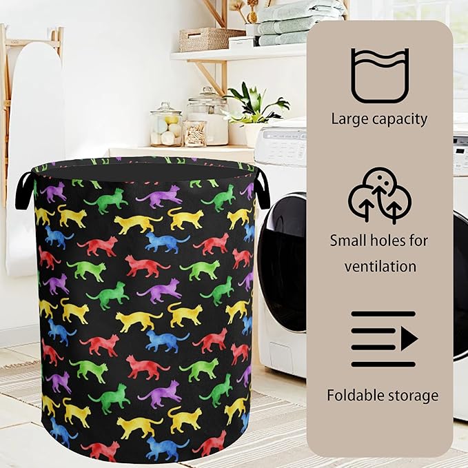 Colorful Cat Silhouette Laundry Basket with Handles - Extra Large Foldable Hamper for Bathroom/Laundry/Bedroom/Dorm, Washable Fabric Storage Bin