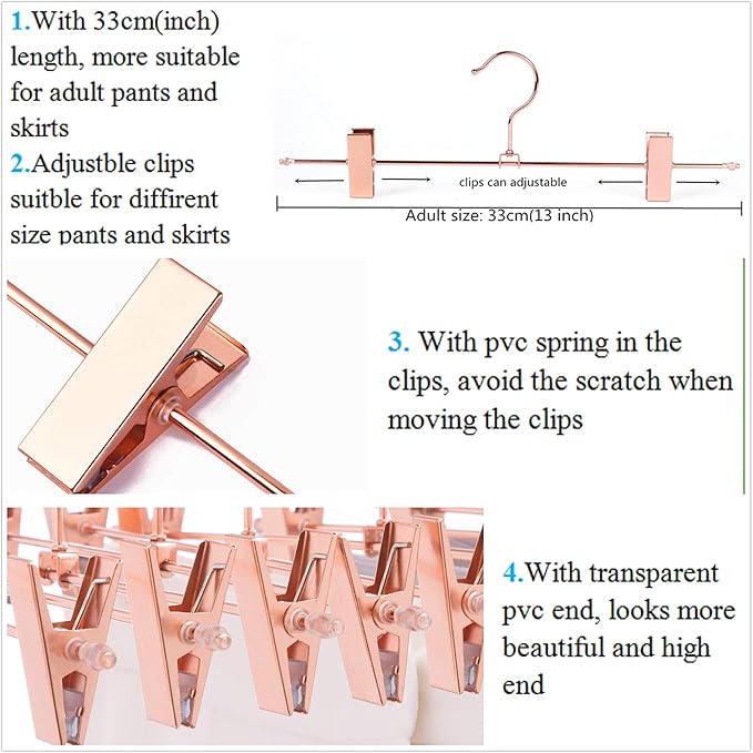 13 Inch 20 Pack Heavy Duty Rose Gold Copper Stainless Steel Slack Hanger, Pants Hanger, Skirt Hanger with Adjustable Clips (Rose Gold, 20)