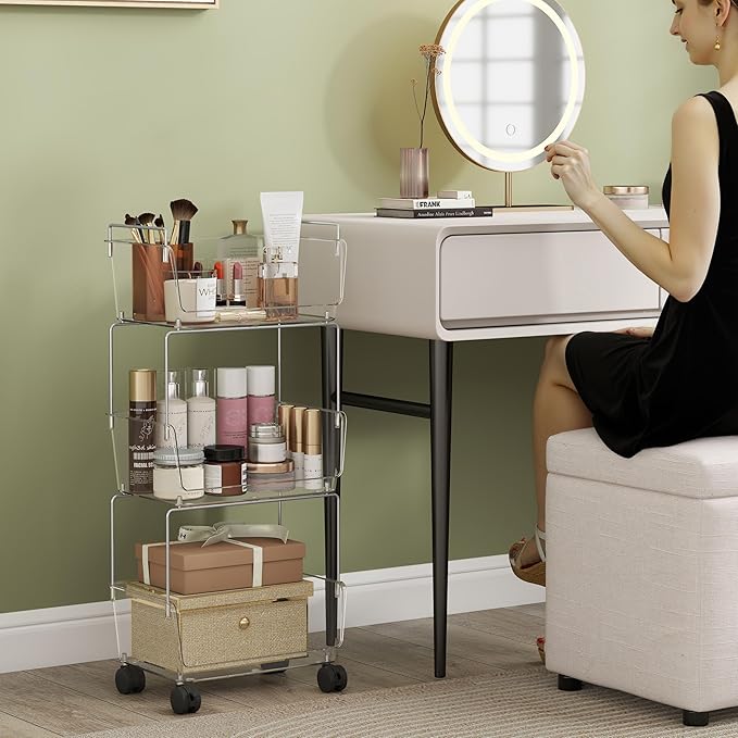 Delamu 3 Tier Rolling Cart for Kitchen, Bathroom, Office, Acrylic Utility Storage Carts with 2 Lockable Wheels, Ideal for Small Spaces, Pantry, Classroom, Makeup Organizer, Dorm Storage, Clear
