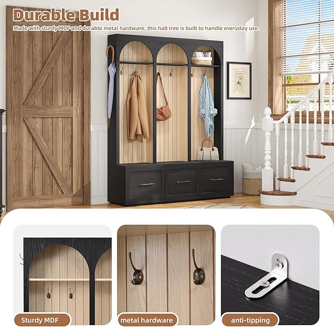 Farmhouse Hall Tree with Three Arched Design, All-in-One Design Wooden Coat Rack & Shoe Organizer with 3 Drawers, 59" Wide Entryway Bench with 8 Retro Hooks for Mudroom, Living Room (Black//538)