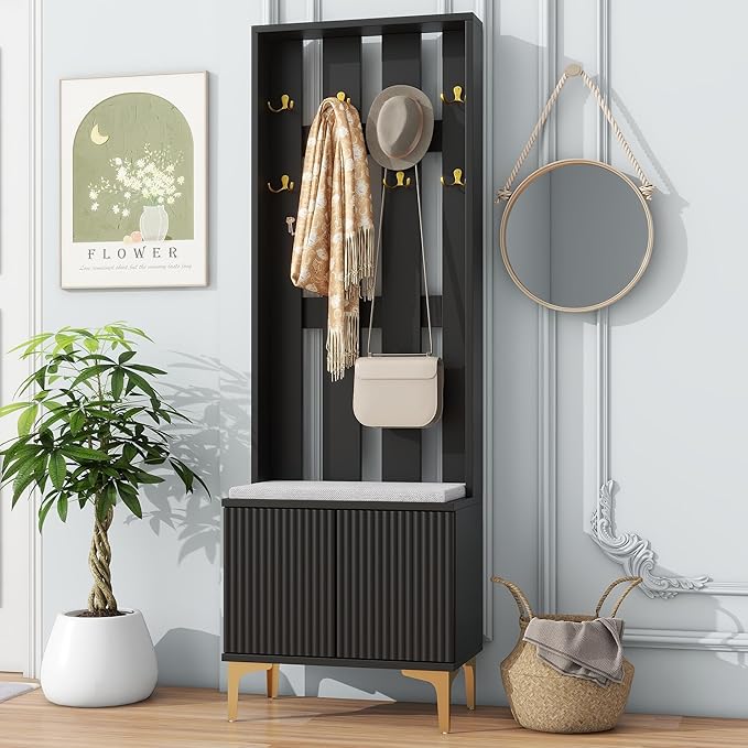 70.8" H Hall Tree with Cushion, Modern Luxury 4-in-1 Hall Tree with Adjustable Shelves & Fluted Doors, Versatile Coat Rack with 8 Gold Hooks and Legs, Entryway Bench for Hallway (Black/379)