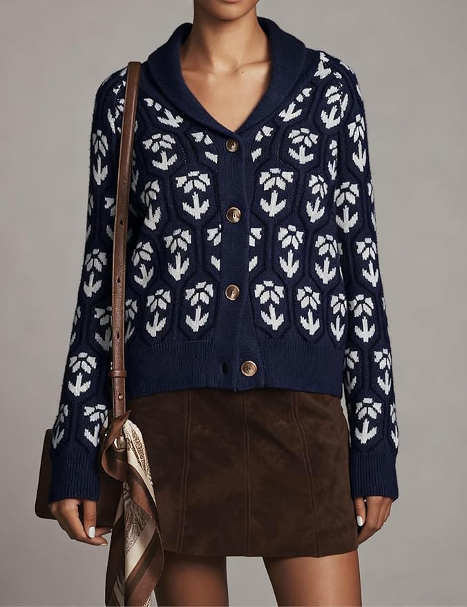 Women Floral Cropped Cardigan Sweaters Shawl Collar Long Sleeve Button Down Knit Jacket Flower Print Knitwear