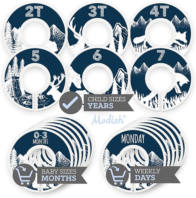Kids Clothes Closet Organization, Hanging Size Dividers: Months & Years, Baby Toddler Children Girl Boy Neutral Navy Woodland Animal Outdoor Mountain Forest Safari Explorer Nursery Room Décor Gift