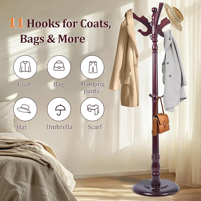 73" Wooden Coat Rack Freestanding, Coat Rack Stand With 18 Hooks And Round Solid Wood Base，Adjustable Height, Easy To Assemble For Entrance Hallway Office Living Room Bedroom (Flying Swallow)