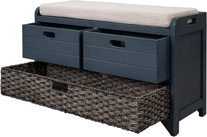 SOFTSEA Upholstered Storage Bench for Entryway, Wood Storage Ottoman with Removable Basket and 2 Drawers, Farmhouse Shoe Bench with Seat Cushion for Entryway, Living Room, Full Assembled, Navy