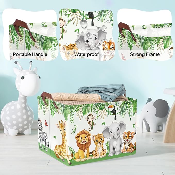 Clastyle Safari Animal Laundry Basket Leaf Kids Clothes Book Storage Basket Gift Toy Box for Bedroom Decor,Elephant Lion Giraffe,40x30x30 cm