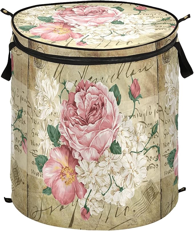 ALAZA 50 L Pop-up Laundry Hamper, Vintage Shabby Chic Pink Rose Floral Freestanding Collapsible Large Clothes Basket for Clothes Toys