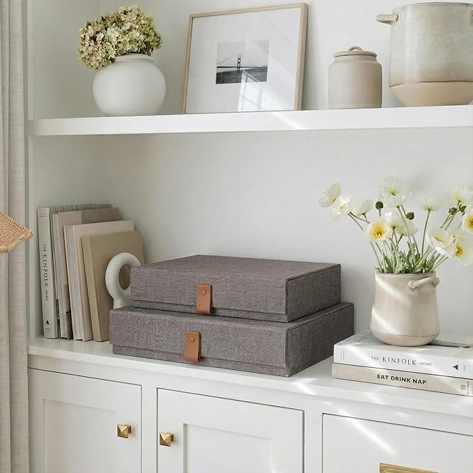 Decorative Photo Storage Boxes with Lids - Set of 2 Beautiful Linen Organizers Are Perfect to Safely Store Your Pictures, Documents, Scrapbooking Supplies, Keepsakes and Other Memories in Style