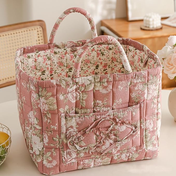 Mo&Cy Fabric Storage Basket with Handle – Collapsible Quilted Boho Floral Organizer for Laundry Room Organization,Clothes Basket,Toy Organizers and Storage,Diaper Caddy Basket(Soft Pink)