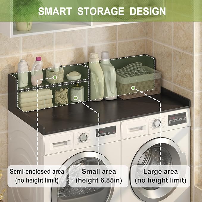 Washer Dryer Countertop, White - 2-Tier Wood 54" x 27.5" Laundry Topper with Safety Guard & Non-Slip Pads, Over The Washer Dryer Folding Shelf for Maximum Space Saving (Black)