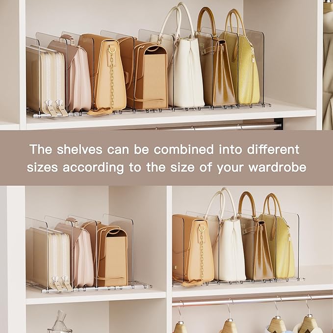 Criusia Adjustable Closet Purse Organizer Rack – 28.8" Extra-Long Shelf Divider with 6 Base Panels & 8 Dividers – Non-Slip Handbag Holder for Bags, Clothes, Kitchen, Office (Pack of 2)