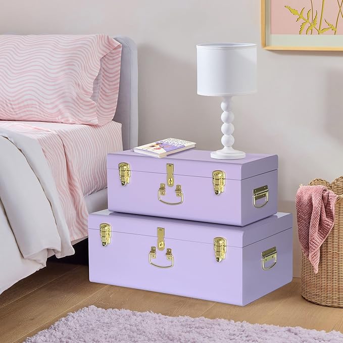 Vixdonos Storage Trunk Chest Decorative Large Metal Box Set of 2 College Dorm Organizer with Hardware Hasps and Handle for Home Deocr,23.7X14.2X9.5 Inches