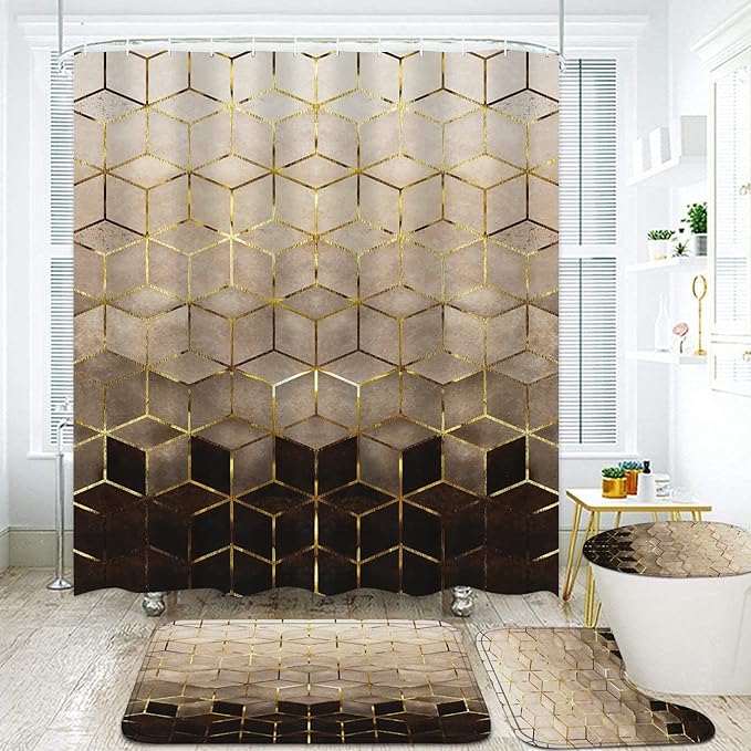 4Pcs Brown Gradient Shower Curtain Set, Modern Geometric Shower Curtain Set Golden Cubic Lines Bathroom Set Texture Art Bath Accessories with Mats
