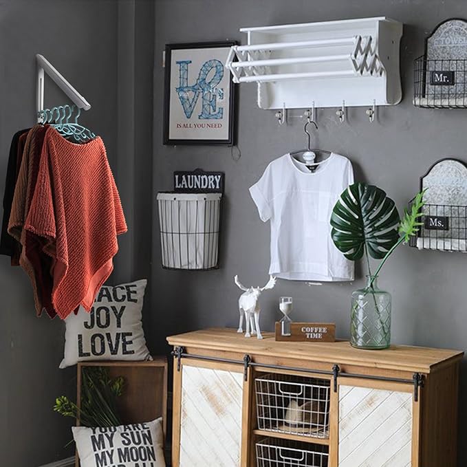 Folding Clothes Hanger Wall Mounted Indoor Outdoor Aluminum Space Savers Clothes Rack Holder Slim Design for Bedroom, Bathroom, Balcony
