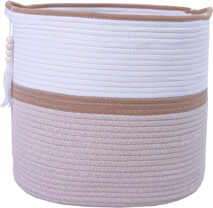 Large Woven Rope Laundry Hamper, Cotton Rope Storage Basket with Handles, Multipurpose Storage Basket for Laundry, Toys, Blankets in Bedroom, Bathroom, Living Room - Stylish & Durable (Brown, 55L)