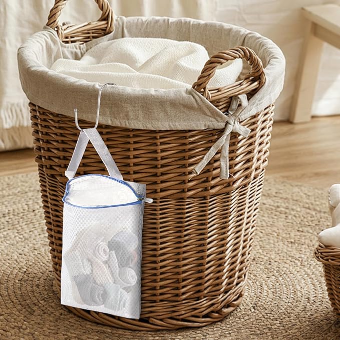 3-PACK Hanging Mesh Laundry Bags with S Metal Hooks,10x12 Inch Hanging Socks Laundry Bags for Washing Machine