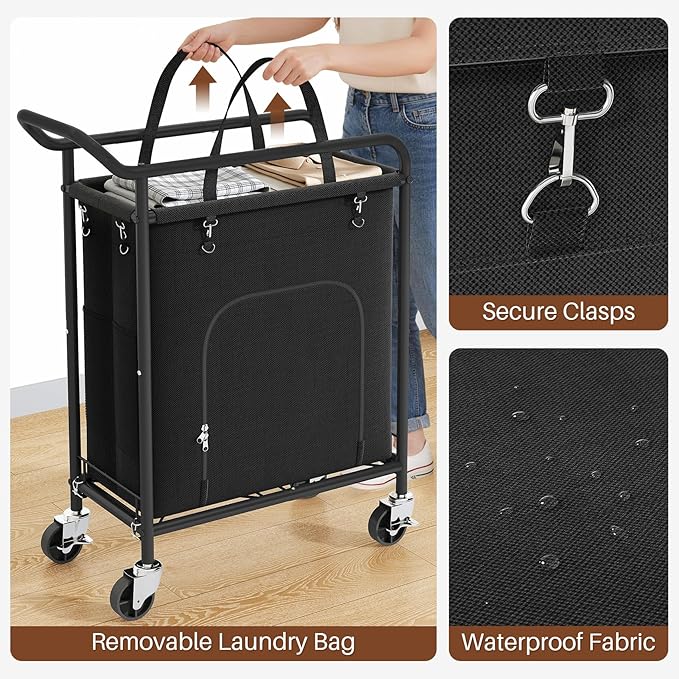 Laundry Basket with Wheels,150L Large Rolling Laundry Hamper, Heavy-Duty Laundry Cart Sturdy Metal Frame with Handle, Minimizes Bending Easy Access Clothing for Bedroom, Bathroom, Laundry Room (Black)