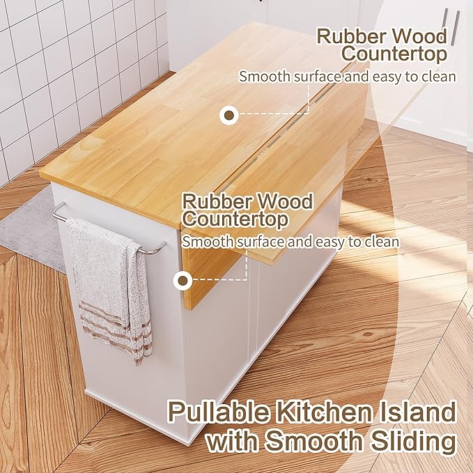 SUNLEI Kitchen Island with Storage Cabinet & Foldable Drop Leaf, Buffet Sideboard Cabinet, Cart Handle for Towel Rack, Drop Leaf, Portable Islands for Kitchen (Stylish White, 39.7-INCH)