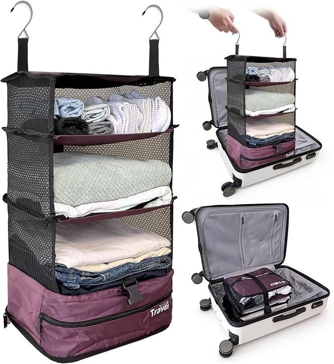 Grand Fusion Stow-N-Go Packing Organizer for Luggage, Portable Hanging Travel Shelves, Carry-On Closet, Hanging Packing Cubes, Collapsible Carry-On Organizer for Cruises & Hotels Burgundy - L