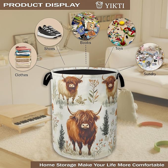 Laundry Hamper,Highland Cow Laundry Basket,Farmhouse Watercolor Flower Portable Collapsible Laundry Room Organization Storage for Dorm Room,Nursery,Bathroom,Bedroom,16x20 Inch