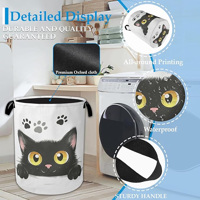 Cute Black Cat Laundry Basket Collapsible Laundry Hamper Oxford Clothes Toy Storage Bin for Bathroom Bedroom Room Decor 16 X 20.8 Inch