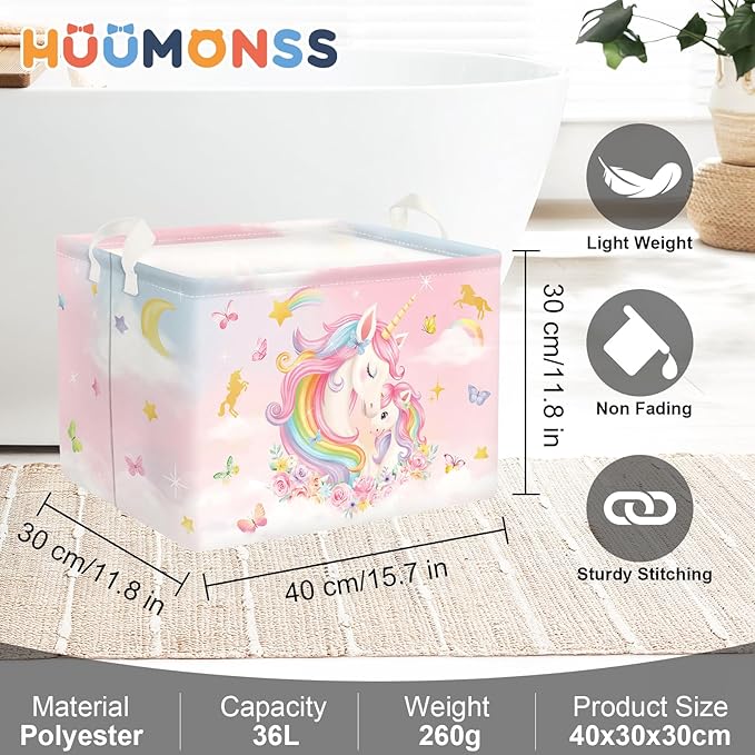Unicorn Laundry Hamper Large Storage Basket Rainbow Clouds Collapsible Parents Organizer Kids Toy Clothes Bins for Bedroom, Bathroom, Flowers, 36L