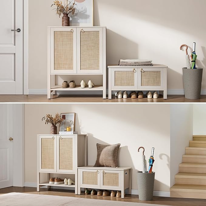 SICOTAS Rattan Shoe Rack Bench with Lift Top Storage: White Farmhouse Boho Shoe Cabinet Entryway Bench with Safety Hinges, Wooden Storage Chest for Bedroom, Entryway, Hallway, Living Room