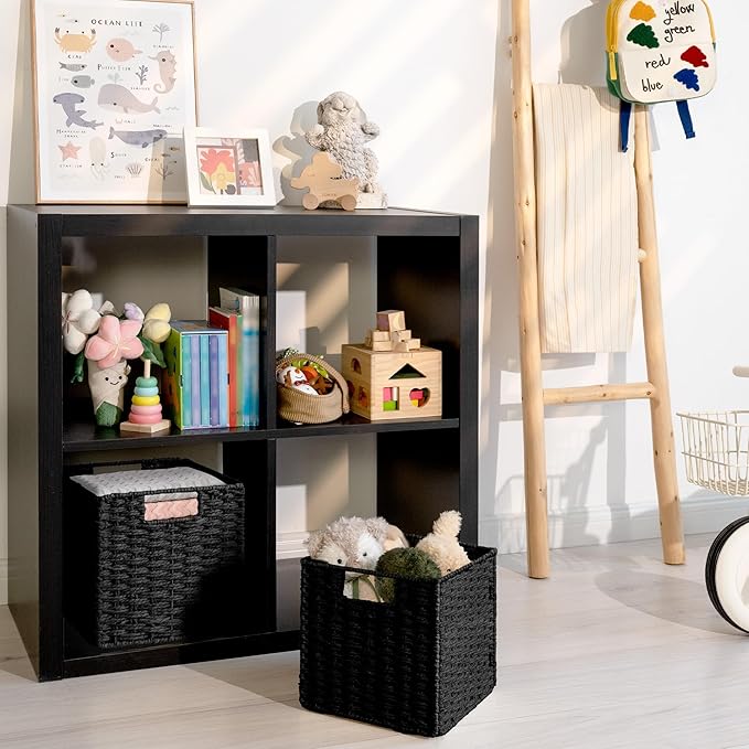 StorageWorks 9 inch Wicker Storage Cubes, Handwoven Wicker Baskets for Storage, Square Cube Basket, Foldable Paper Rope Basket for Organizing, Black, 2 Pack