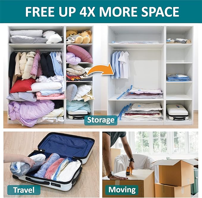 30 Pack Space Saver Bags (6 Jumbo/6 Large/6 Medium/6 Small/6 Roll) Compression Storage Bags for Comforters and Blankets, Vacuum Sealer Bags for Clothes Storage, Hand Pump Included