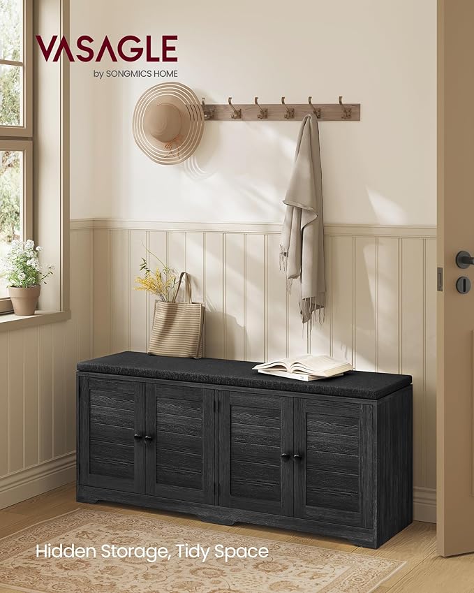 VASAGLE Shoe Storage Bench with Cushion, 3-Tier Entryway Bench with Padded Seat, Doors, Adjustable Shelves, 14 x 47.6 x 20.7 Inches, for Hallway, Bedroom, Charcoal Gray and Ink Black ULSB048BA01
