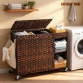 Laundry Hamper with Lid, 160L Rattan Wicker Laundry Basket with Wheels, Handwoven Laundry Hamper 3-Section with Storage shelf(42.3 Gal), Laundry Sorter Basket with Removable Liner,Brown HLH033BR