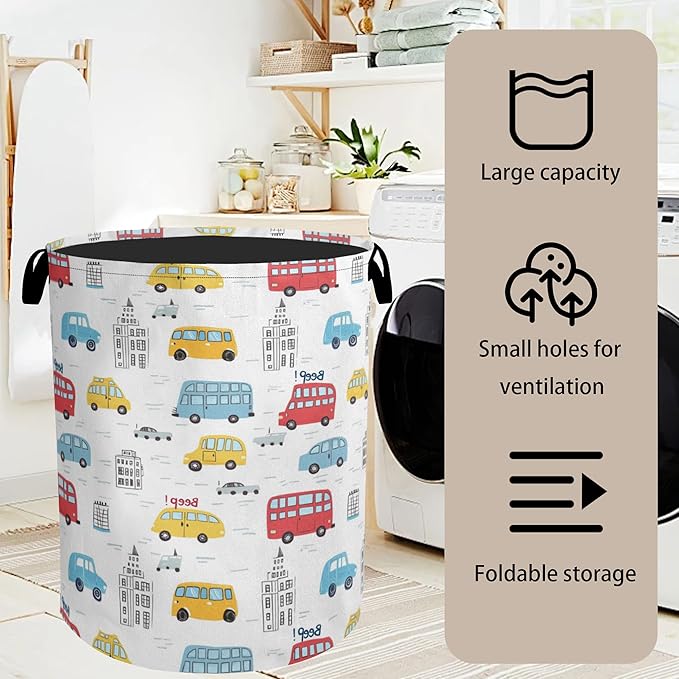 Laundry Basket, Cartoon Vehicles Foldable Canvas Toy Organizer with Handles, Heavy Duty for Home, Bedroom, Dorm, Bathroom, Large Storage Basket Home Decoration