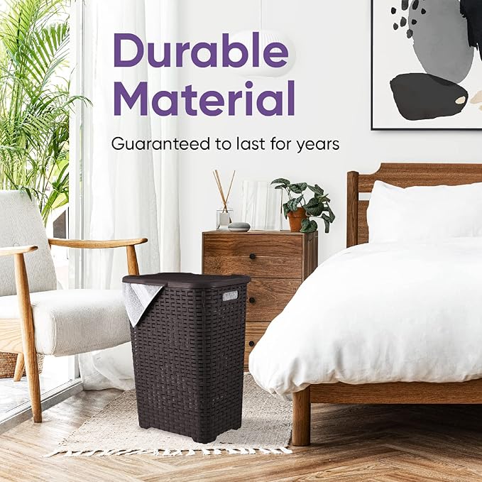 Superio Laundry Hamper Basket With Easy Open Lid 60 Liter Large Wicker Hamper, Dirty Cloths Storage With Two Cutout Handles, Laundry Room Bin (2 Pack, Brown)